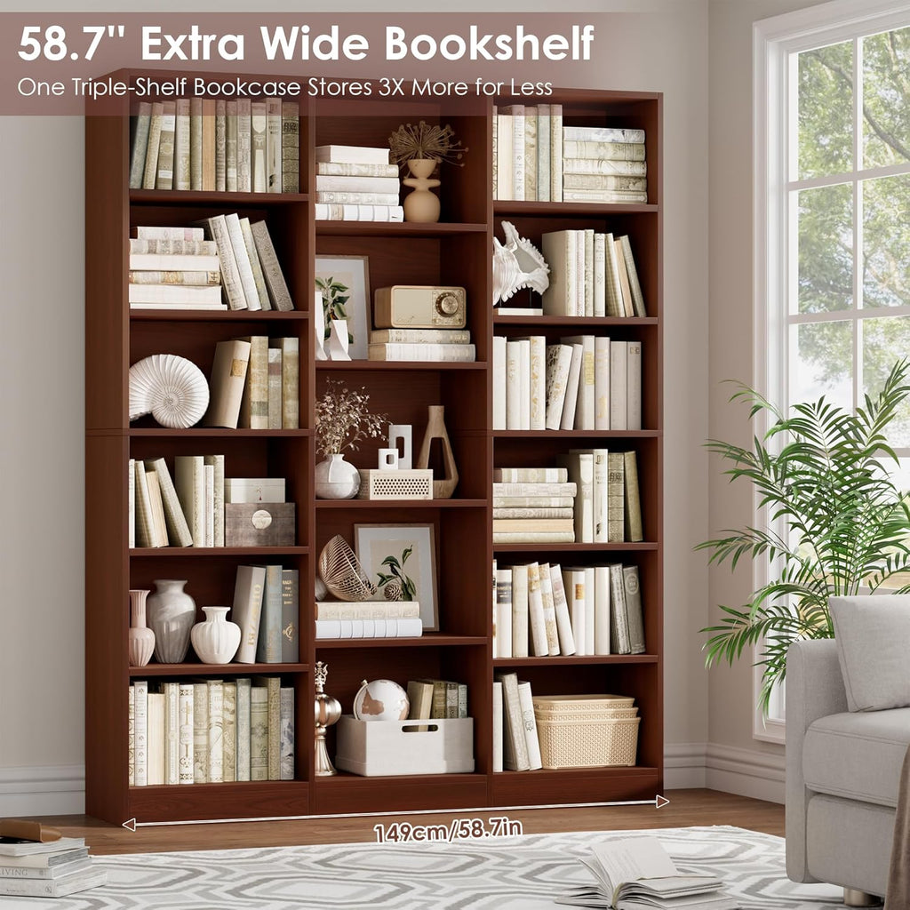 FACBOTALL Triple Wide Bookshelf, 6 Tier Large Bookshelf, Bookcase with 17 Open Display Shelves, 74'' Tall Bookcases and Bookshelves for Living Room, Home Office, Library, Cherry