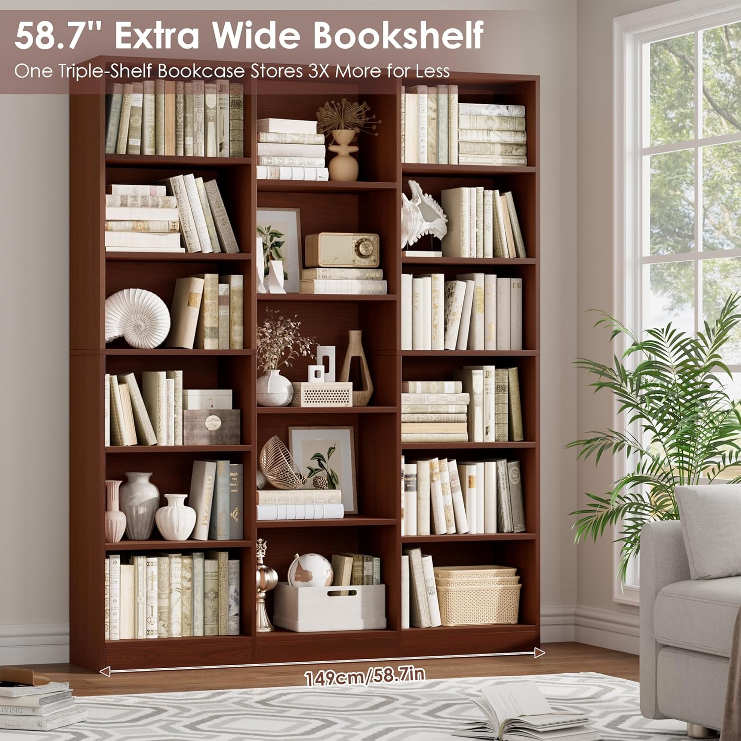 FACBOTALL Triple Wide Bookshelf, 6 Tier Large Bookshelf, Bookcase with 17 Open Display Shelves, 74'' Tall Bookcases and Bookshelves for Living Room, Home Office, Library, Cherry