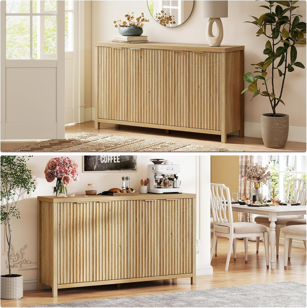 OAKHAM HOME Buffet Cabinet Fluted Sideboard 56" Accent Cabinet with Adjustable Shelves 4 Doors Modern Storage Credenza for Living Room Kitchen Hallway,Golden Oak