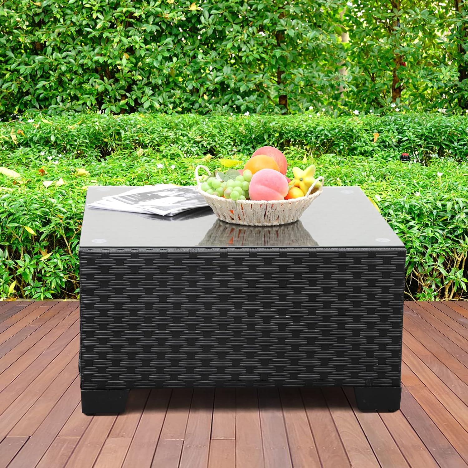 Rattaner Patio Furniture Wicker Coffee Table Outdoor Garden Square Side Table with Tempered Glass Top Black
