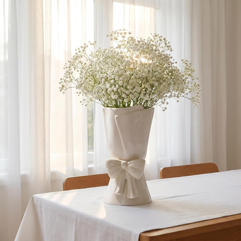Relexome Fully Glazed White Ceramic Bow Vase 9.64 in Unique Cute Modern Decorative Bouquet Flower Vases for Home Living Room Table Summer Decor Women Gifts