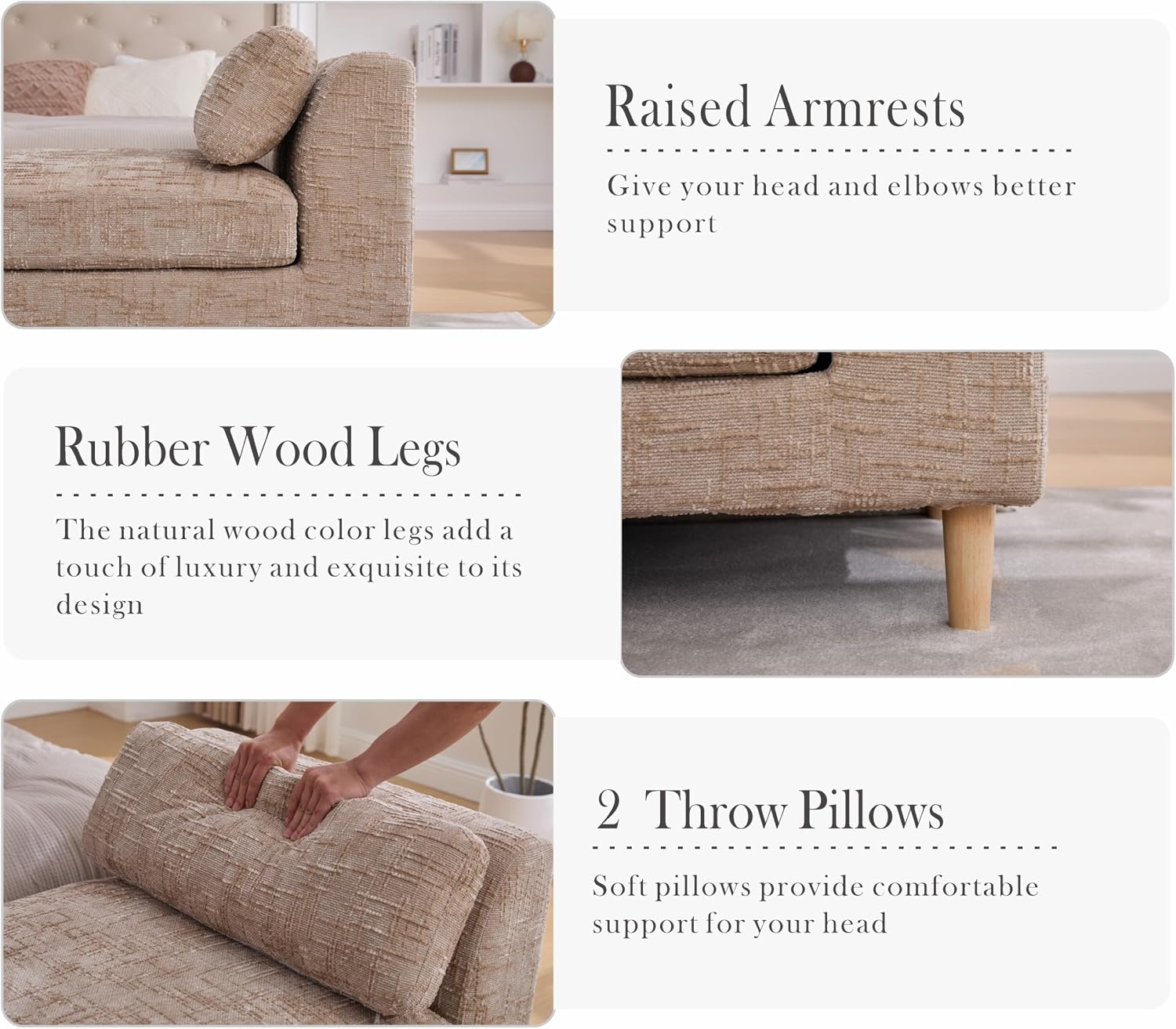 Aoiy & Wifon 83.1" W End of Bed Bench King Size, Oversized Window Bench Seat with Pillows & Rubberwood Legs for Bedroom/Living Room/Apartment, Polyester, Wheat
