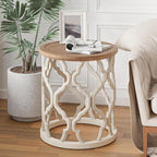 COZAYH Set of 2 Farmhouse End Table, Distressed Tray Top Side Table with Curved Motif Frame Base for Boho, Rustic, French Country, Small Space, Round, White (2 Pack)
