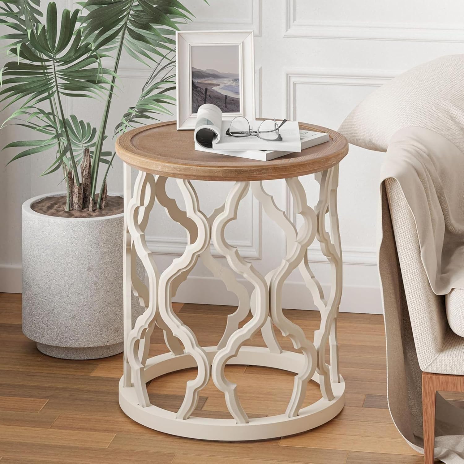 COZAYH Set of 2 Farmhouse End Table, Distressed Tray Top Side Table with Curved Motif Frame Base for Boho, Rustic, French Country, Small Space, Round, White (2 Pack)