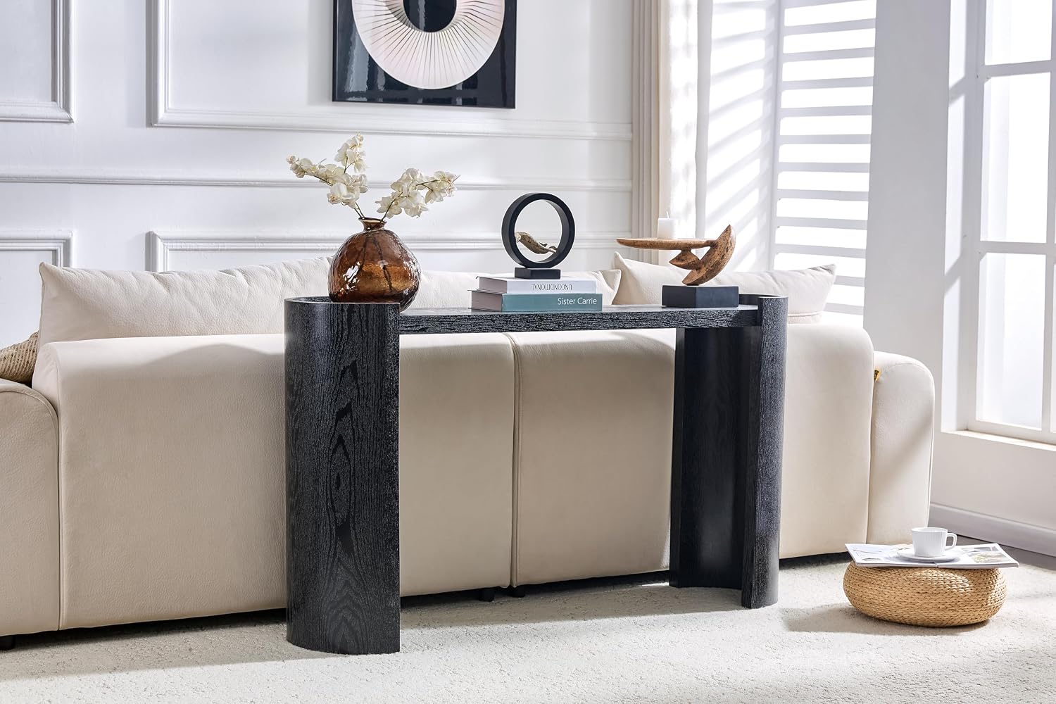 Black Curved Foyer Table Black Wood Grain Entrance Small Space Living Room Sofa Side Table