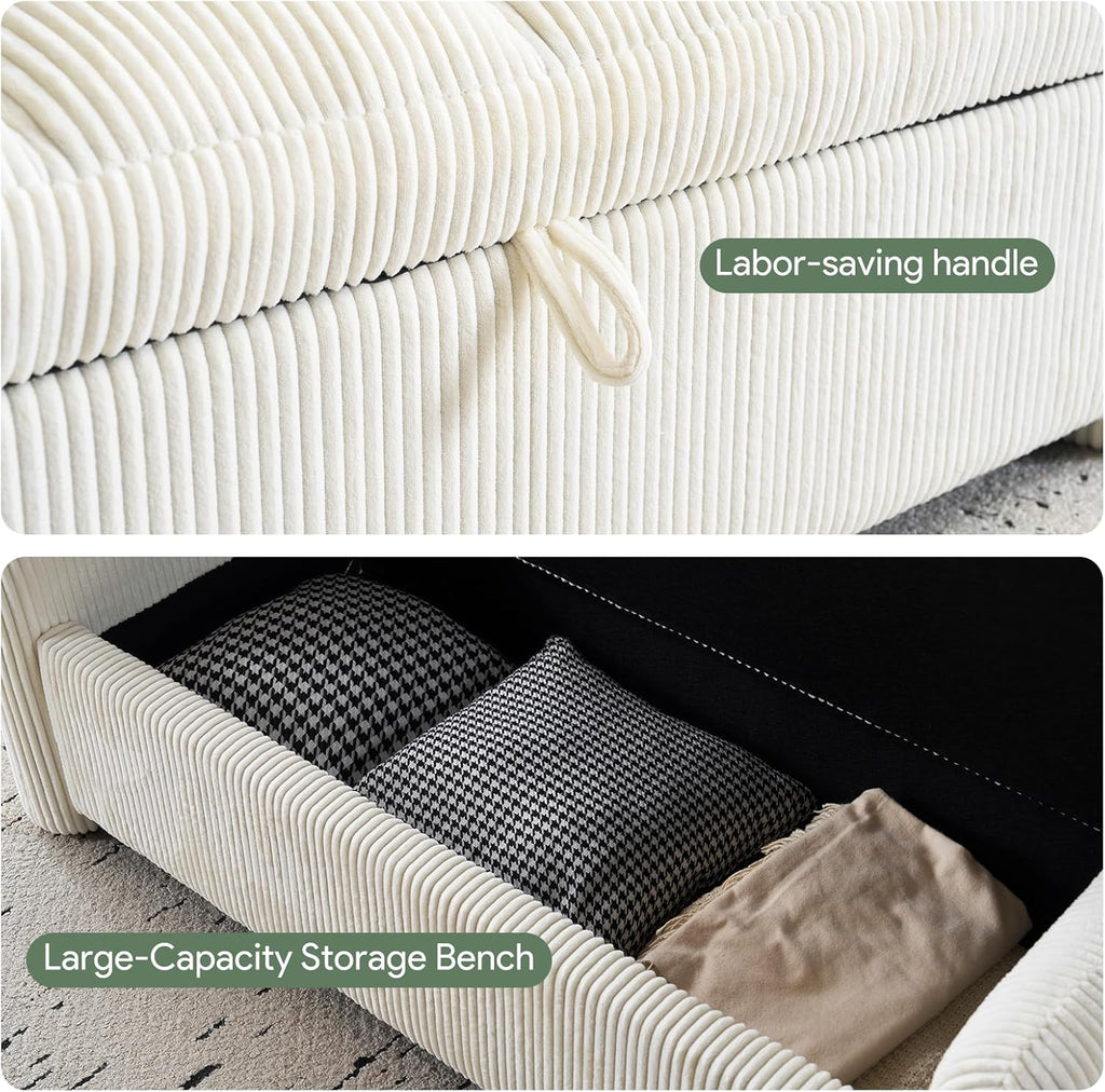 Upholstered End of Bed Bench with Storage,Oversized Corduroy Storage Ottoman Bench for Living Room,Ottoman Foot Rest for Bedroom,Beige