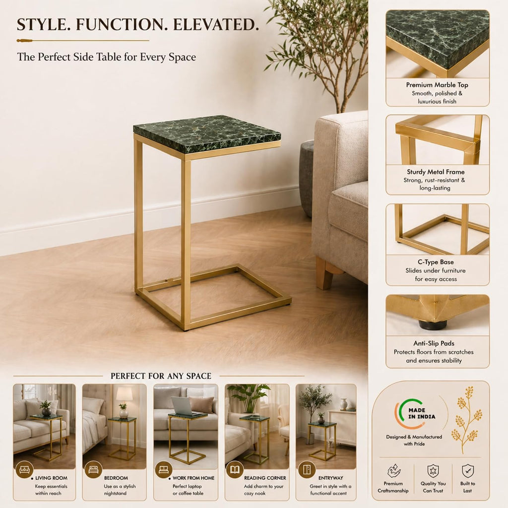 C Shape Table for Sofa with Green Marble Top | Decorative Side Table | End Table for Living Room | Gold Metal Frame | 16.25x9.5x24.75