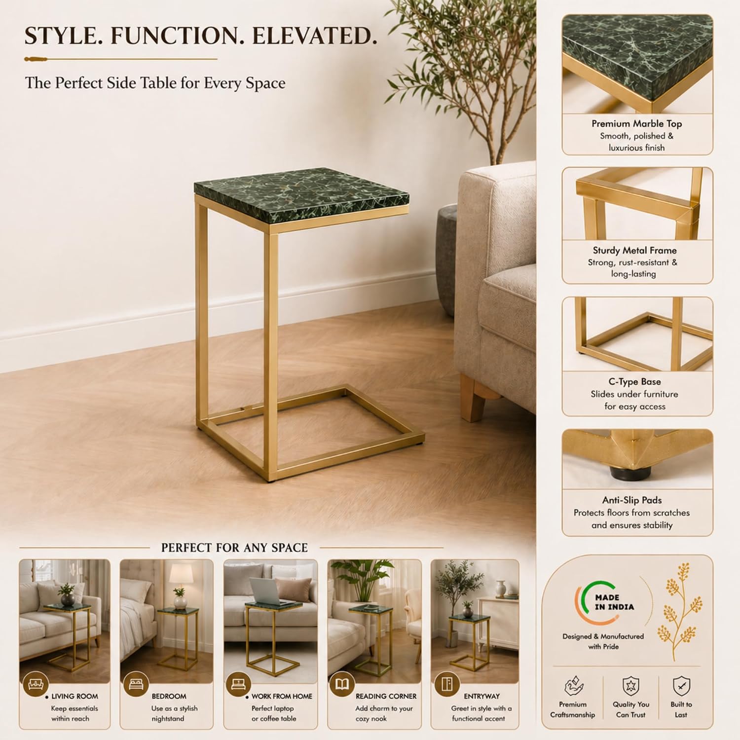 C Shape Table for Sofa with Green Marble Top | Decorative Side Table | End Table for Living Room | Gold Metal Frame | 16.25x9.5x24.75