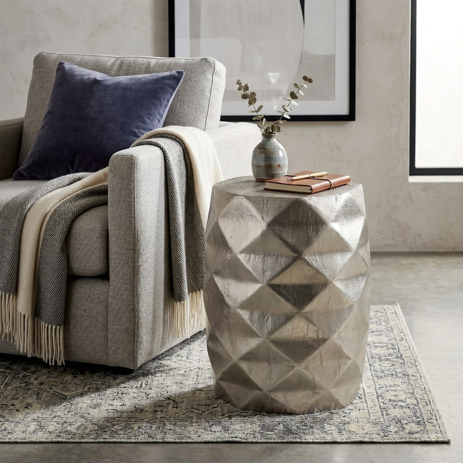 Hives & Honey Anna Side Table, Geometric Mango Wood Accent Table, Modern Rhombus Design, Antiqued Foil Finish, Multi-Use as End Table, Vanity Stool or Decorative Pedestal, Silver