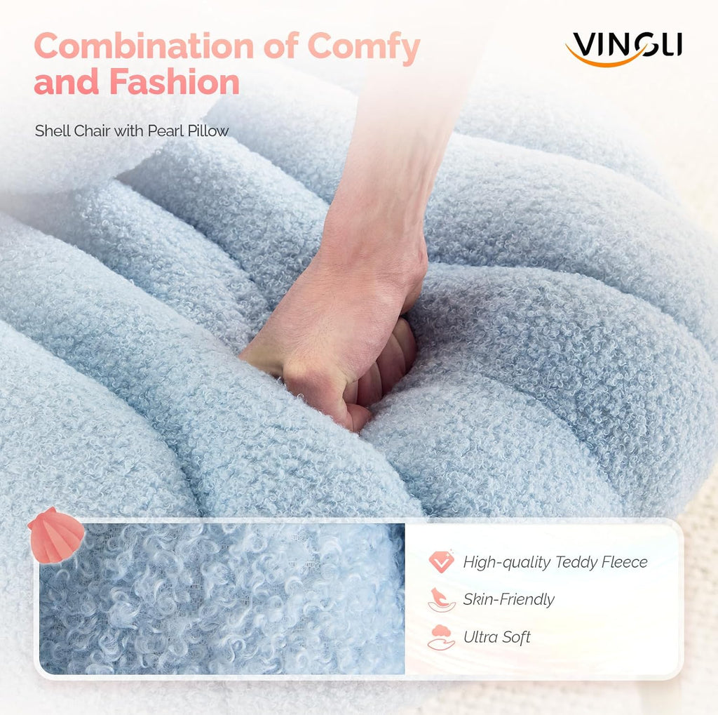 VINGLI Shell-Shaped Teddy Fleece Accent Vanity Chair with Back,Comfy Blue and Gold Desk Chair No Wheels,Cute Small Pearl Deco Pillow,Gift for Girls/Women,for Makeup,Office,Dining,Nail,Sewing,Bedroom