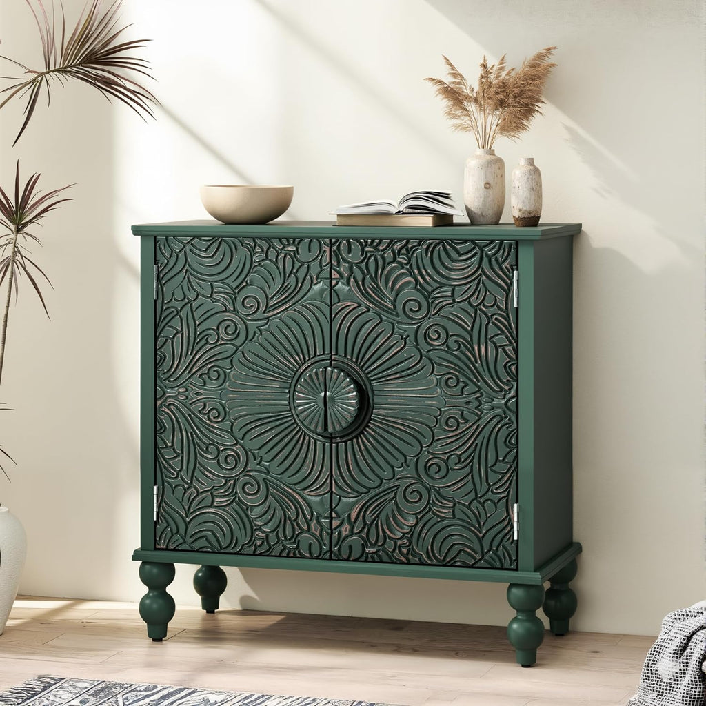 Buffet Cabinet with Storage, Accent Cabinet with 2 Carved Doors, Solid Wood Sideboard with Adjustable Shelf, Vintage Cabinets for Kitchen, Living Room, Entryway, Green