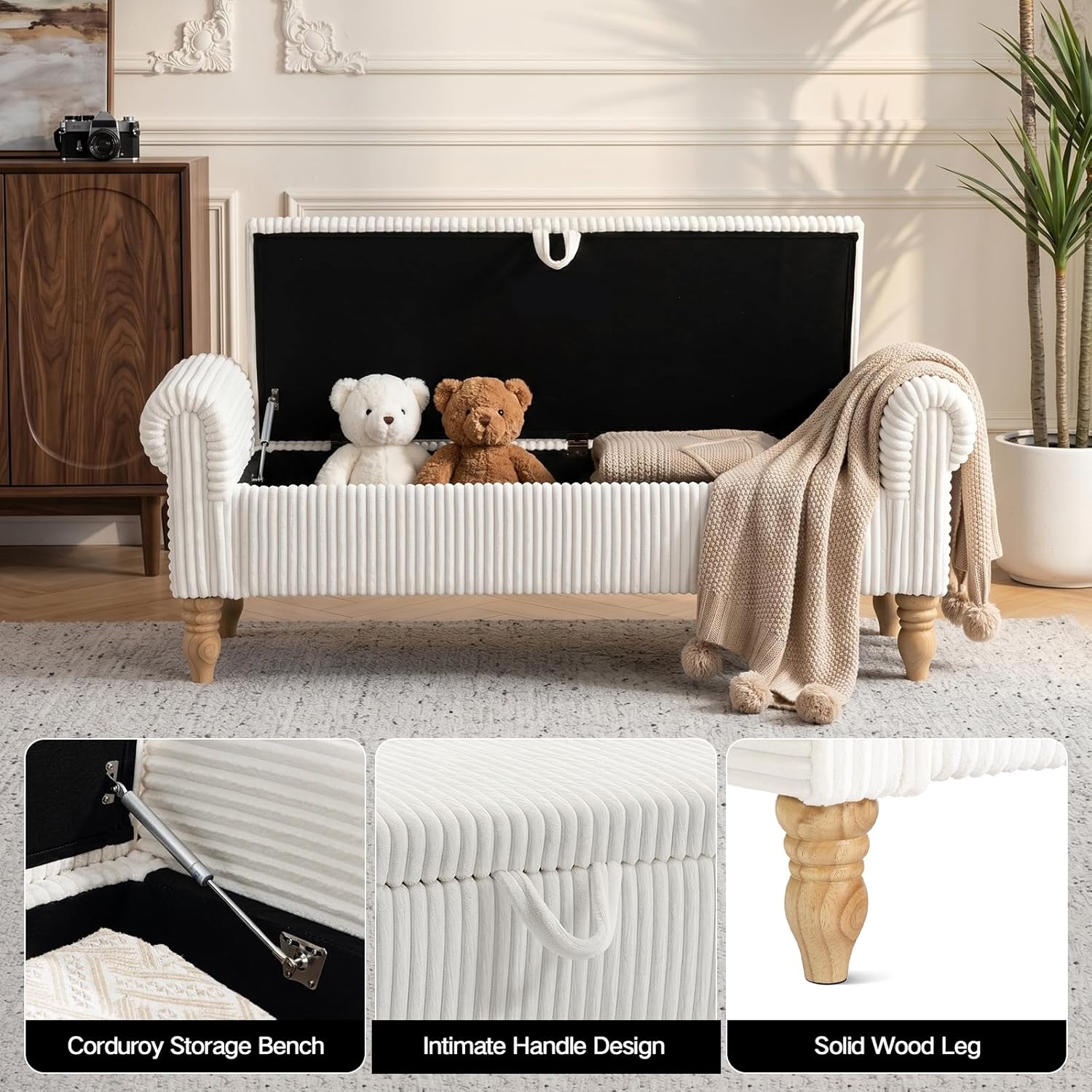 51.5" Storage Ottoman Bench, Upholstered Corduroy Storage Benches for Bedroom, End of Bed Storage Bench for Living Room & Entryway, Window Benches for Foot of Bed, White