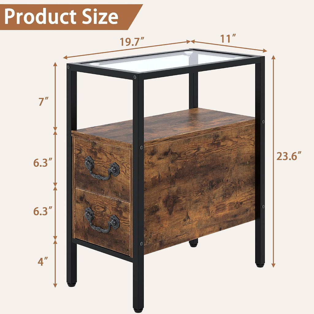 VECELO Narrow Side Table Set of 2, Night Stand Sofa Table with Glass Top,Bedside End Tables with Storage Drawers,Wood Nightstand for Small Spaces Living Room Bedroom,Brown