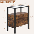 VECELO Narrow Side Table Set of 2, Night Stand Sofa Table with Glass Top,Bedside End Tables with Storage Drawers,Wood Nightstand for Small Spaces Living Room Bedroom,Brown