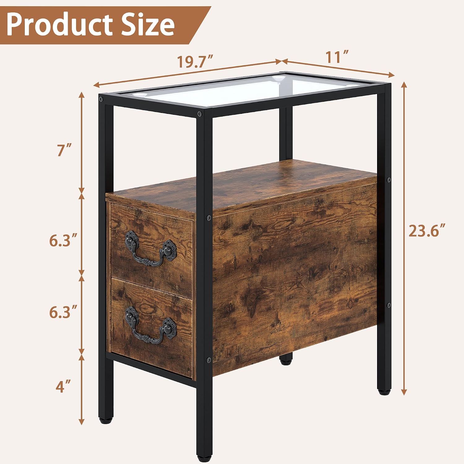 VECELO Narrow Side Table Set of 2, Night Stand Sofa Table with Glass Top,Bedside End Tables with Storage Drawers,Wood Nightstand for Small Spaces Living Room Bedroom,Brown