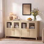 55" Sideboard Cabinet with Glass Doors, Large Buffet Cabinet with Storage and Shelves, Modern Accent Console Table for Dining Room Living Room Entryway (Natural)