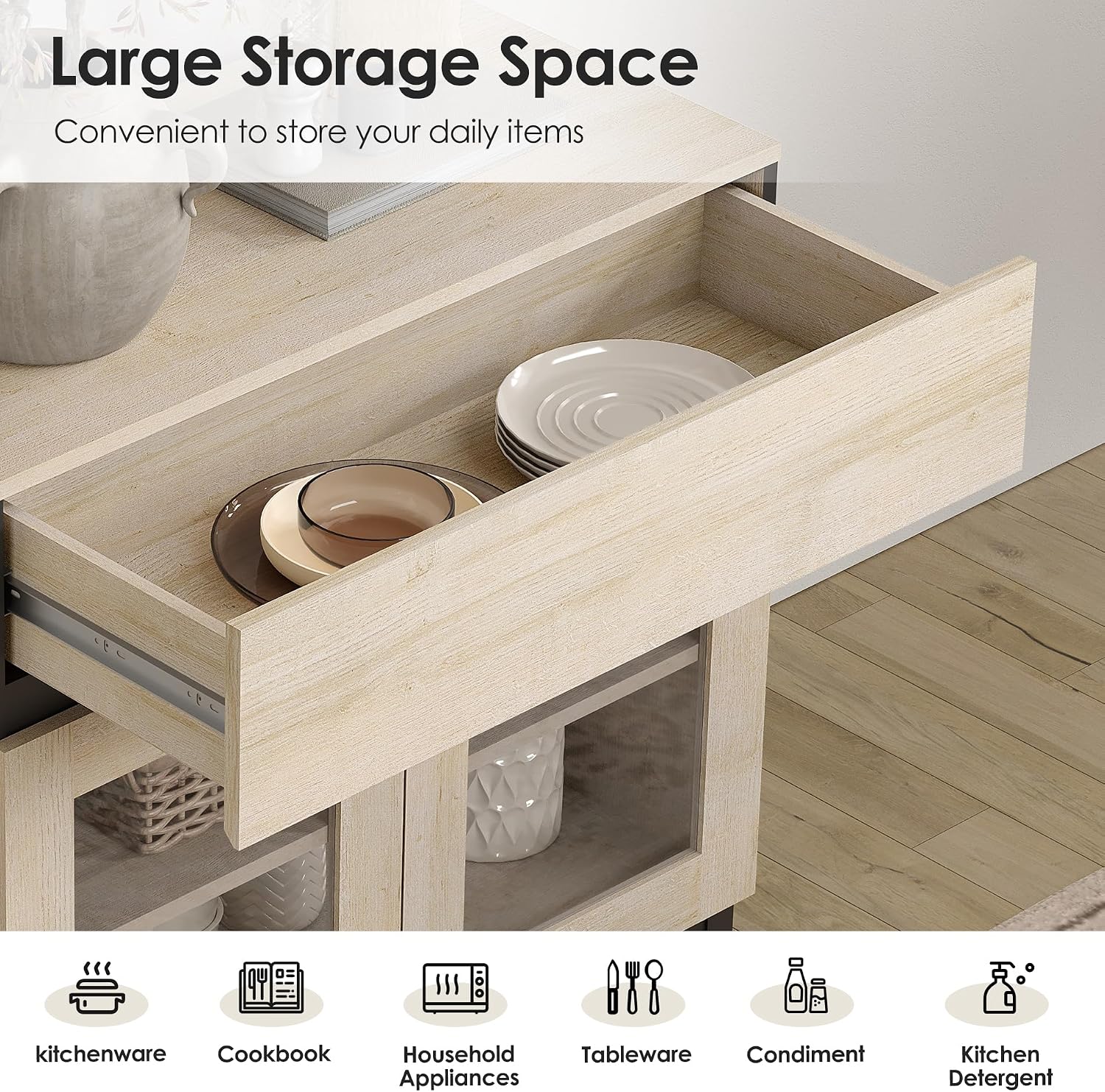 WAMPAT Sideboard Buffet Cabinets, Modern Credenza Sideboard with Adjustable Shelf and Metal Base, Coffee Bar Cabinet Accent Storage Cabinet for Living Room, Kitchen, Beige-B,3 Pcs