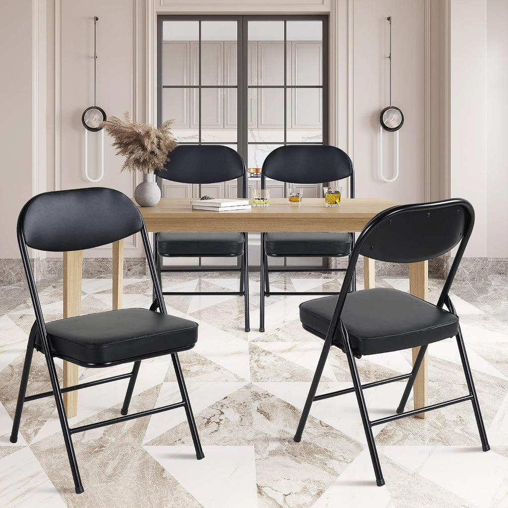 HOMEFUN Padded Folding Chairs Set of 4, Folding Chairs with Cushion and Durable Metal Frame，No Assemble Required for Party Kitchen Office Wedding Black