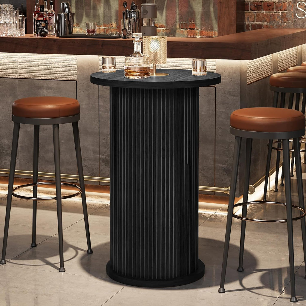 Round Bar Table with 3-Tier Hidden Storage Shelves Slide Door, 36.4'' High Top Bistro Table Cocktail Table for Small Bars, Dining Room, Living Room (Black)