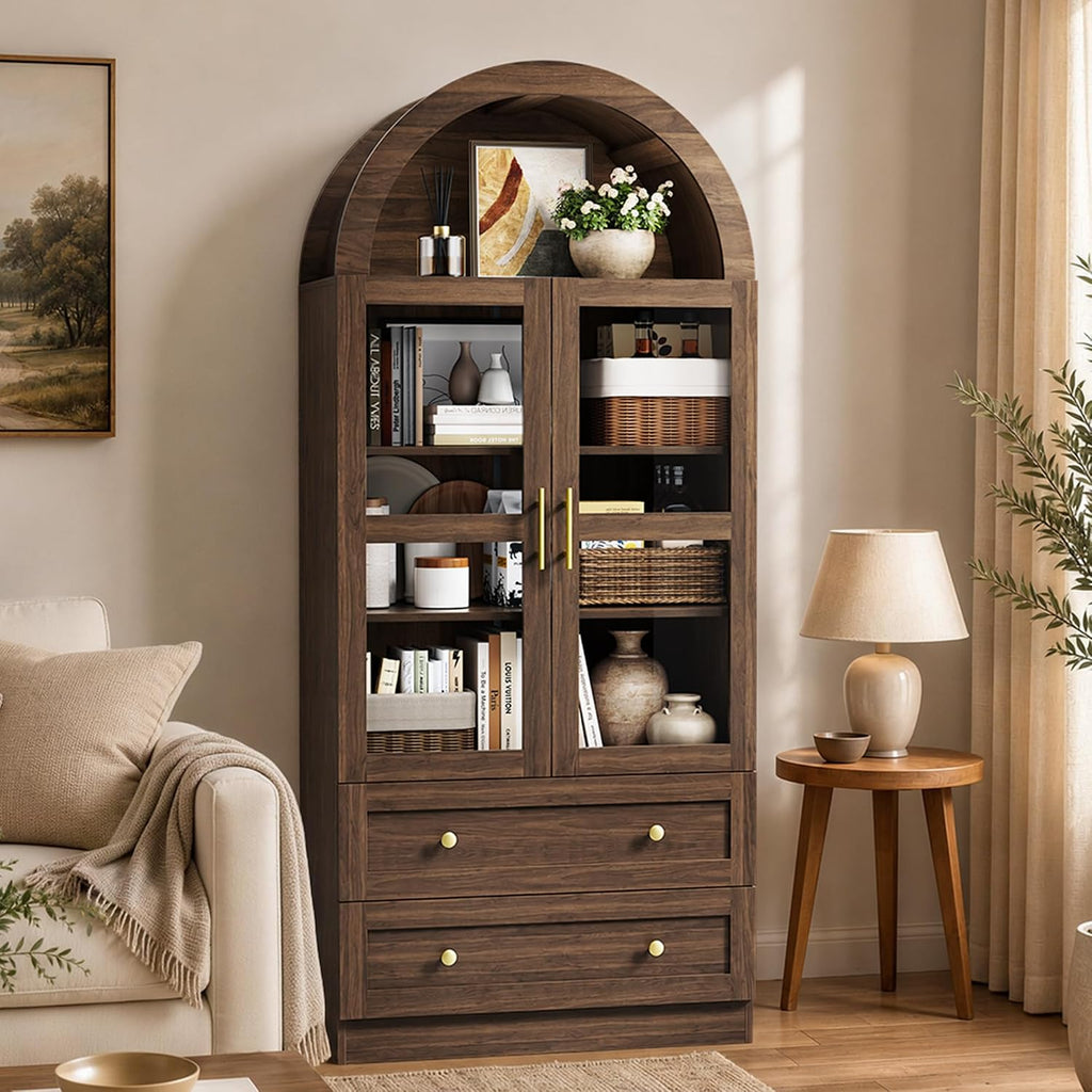 71" Tall Arched Kitchen Pantry Cabinet, Modern Farmhouse Kitchens Storage Cabinet with 2 Large Drawers & Glass Doors, Freestanding Versatile Cupboard for Living Room, Dining Room, Brown