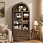 71" Tall Arched Kitchen Pantry Cabinet, Modern Farmhouse Kitchens Storage Cabinet with 2 Large Drawers & Glass Doors, Freestanding Versatile Cupboard for Living Room, Dining Room, Brown