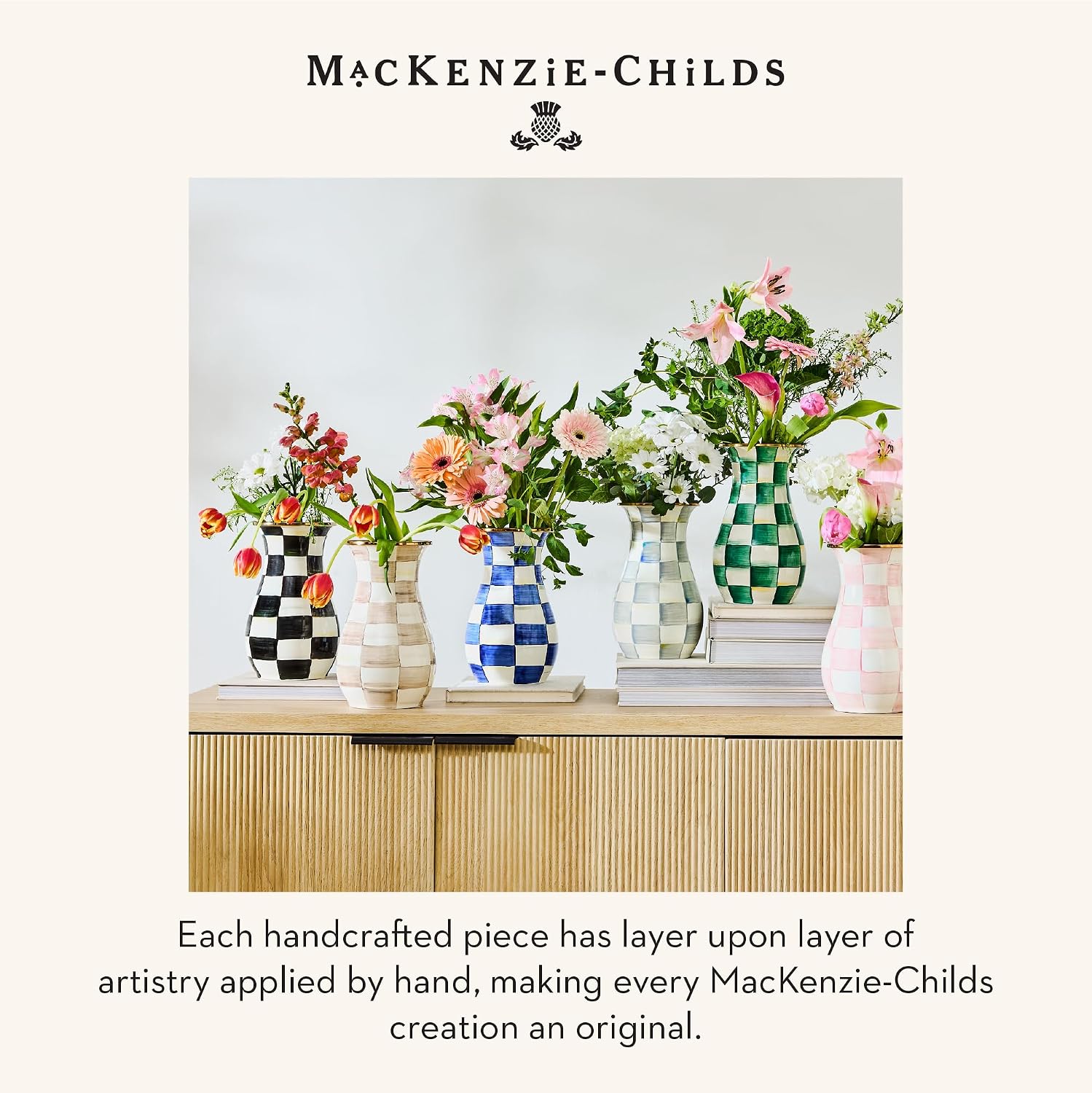 MACKENZIE-CHILDS Tall Enamel Checkered Vase, Unique Flower Vase, Brown-and-White Mocha Check, Steel, 6" L x 6" W x 12" H