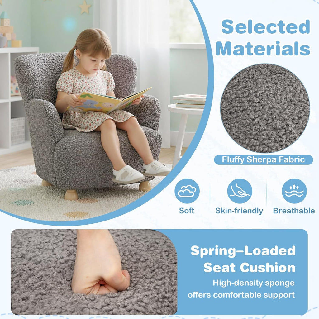 Costzon Kids Sofa, Comfy Toddler Armchair with Solid Rubber Wood Legs, Upholstered Children Reading Chair for Boys & Girls Aged 3+, Kids Furniture Mini Recliner Chair for Bedroom, Playroom (Gray)