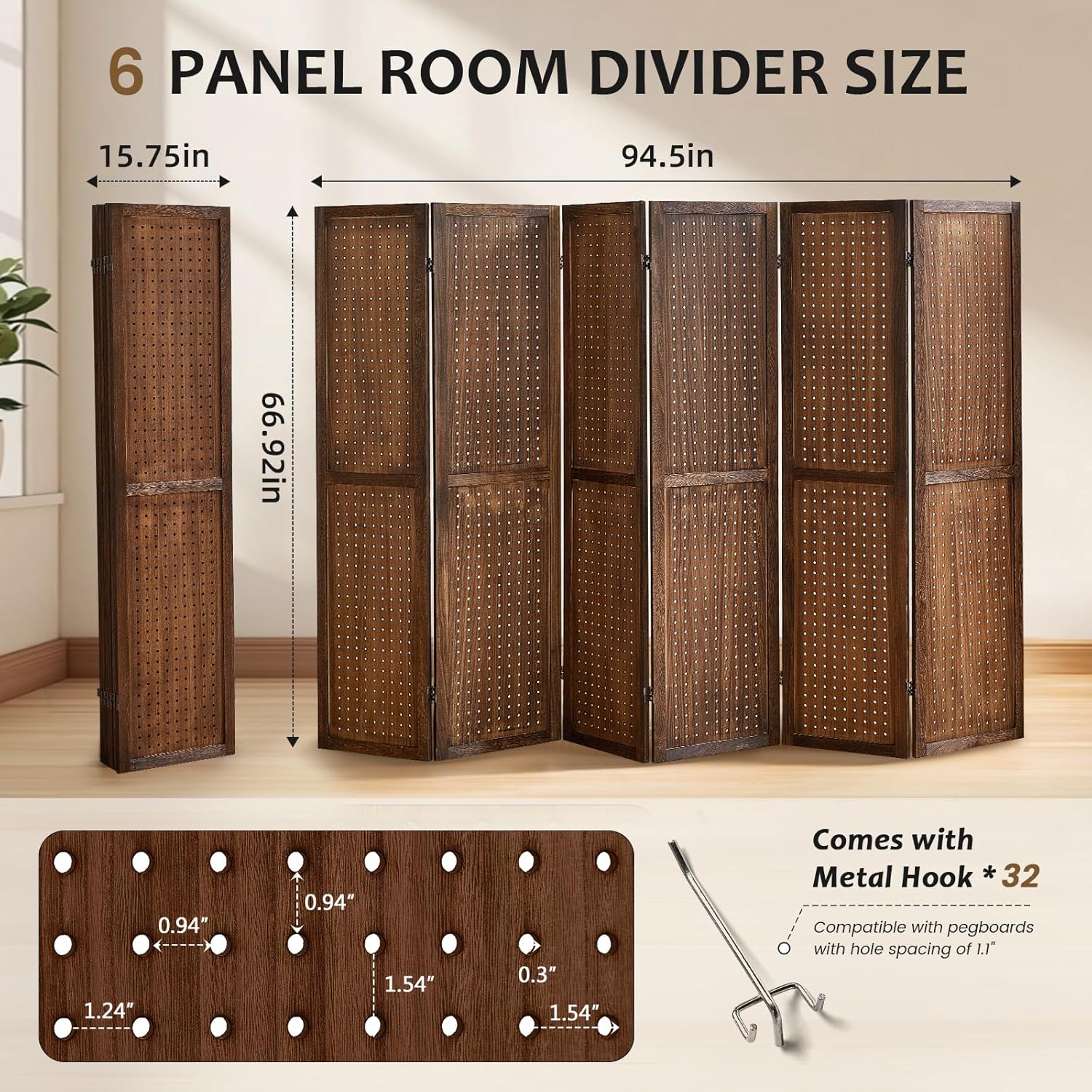 6 Panel Pegboard Room Divider, 5.6 Ft Folding Privacy Screen, Freestanding Wooden Display Board Organizer for Craft Show, Jewelry Display, Bedroom, Office, Brown