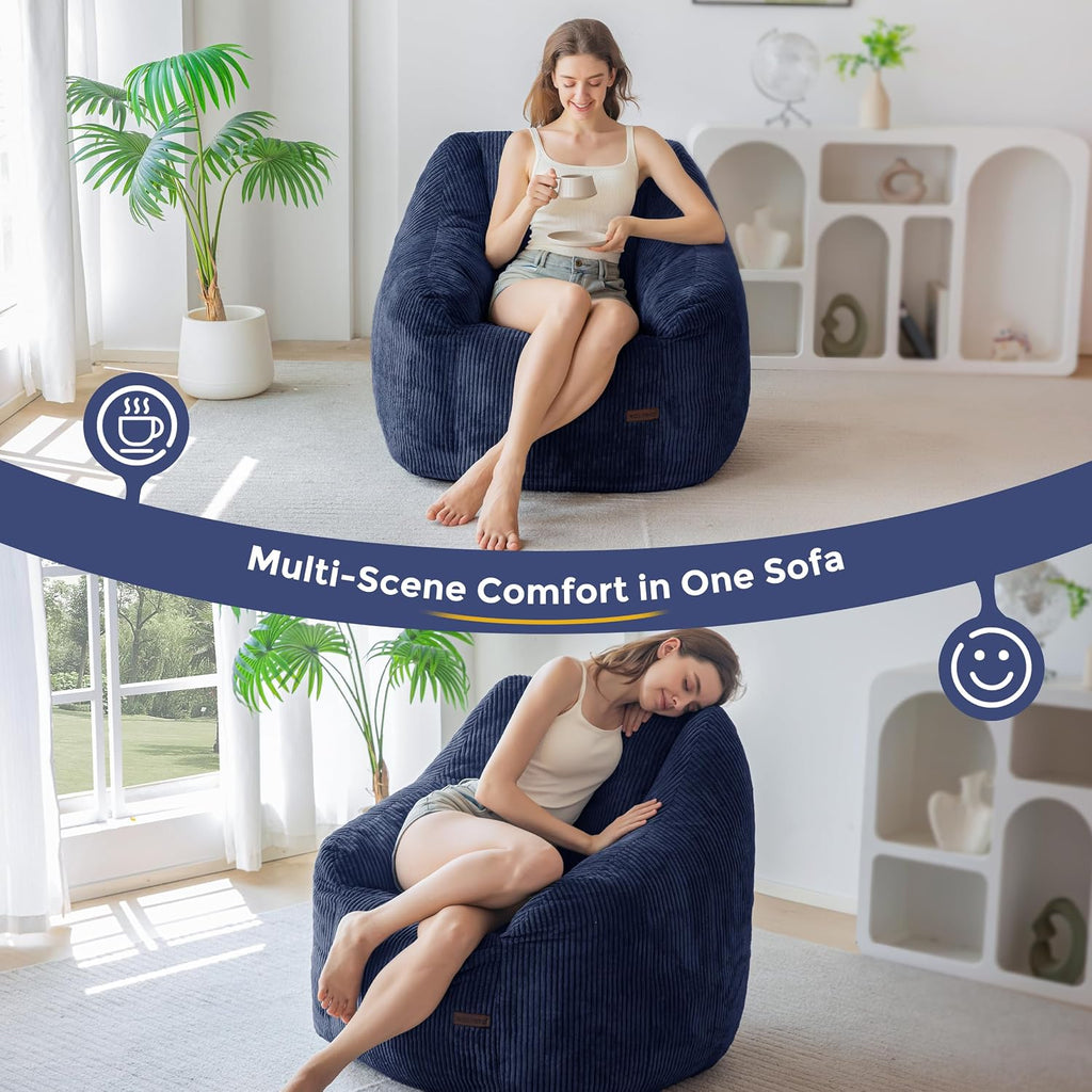 MAXYOYO Bean Bag Chair for Adults, Foam-Filled Floor Sofa for Reading | Bean Bag Chair for Adult with Filler, Cozy Living Room Chair for Bedroom Dorm, Navy