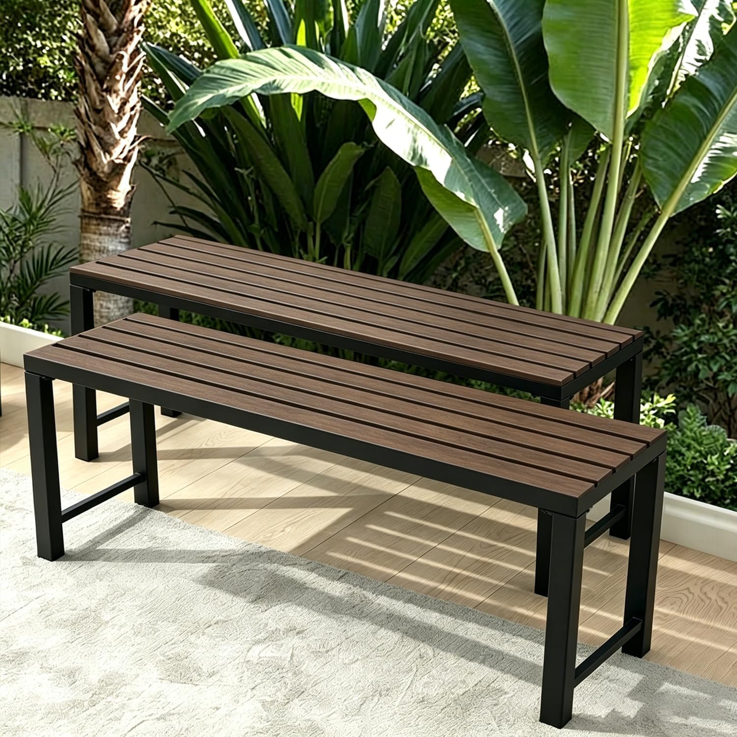 Walnut Outdoor Backless Bench for Garden, Set of 2, Outdoor Bench Weatherproof, Patio Benches for Outdoors, Benches Seat for Backyard, Porch, Plant Stand and Holder