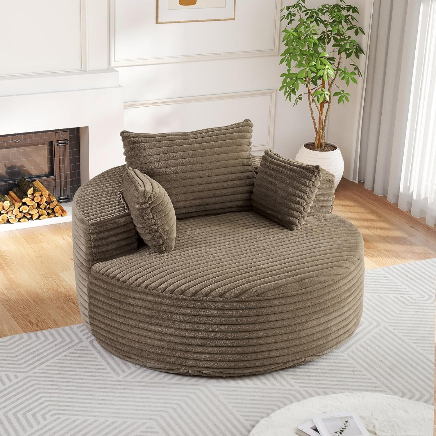 Oversized Round Chaise Longue Chair Indoor, Modern 55-inch Upholstered Corduroy Deep Seat Circle Single Cloud Lounge Floor Sofa Chair for Living Room, Bedroom Apartment, Brown