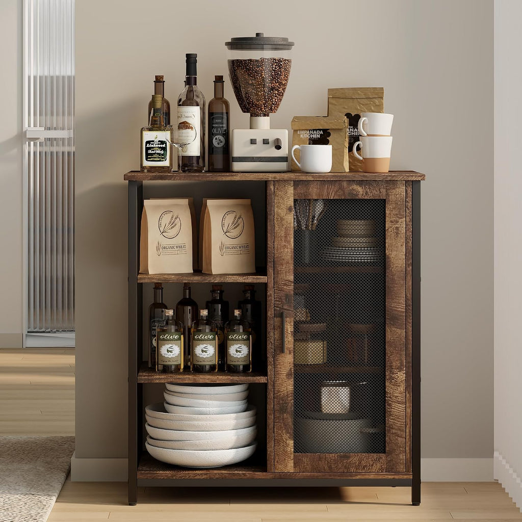 LVSOMT Mini Coffee Bar Cabinet for Home Kitchen, 27.5'' Coffee Stand Station with Adjustable Shelves & Door, Farmhouse Sideboard Buffet for Small Space, Dining Room, Living Room, Industrial Brown