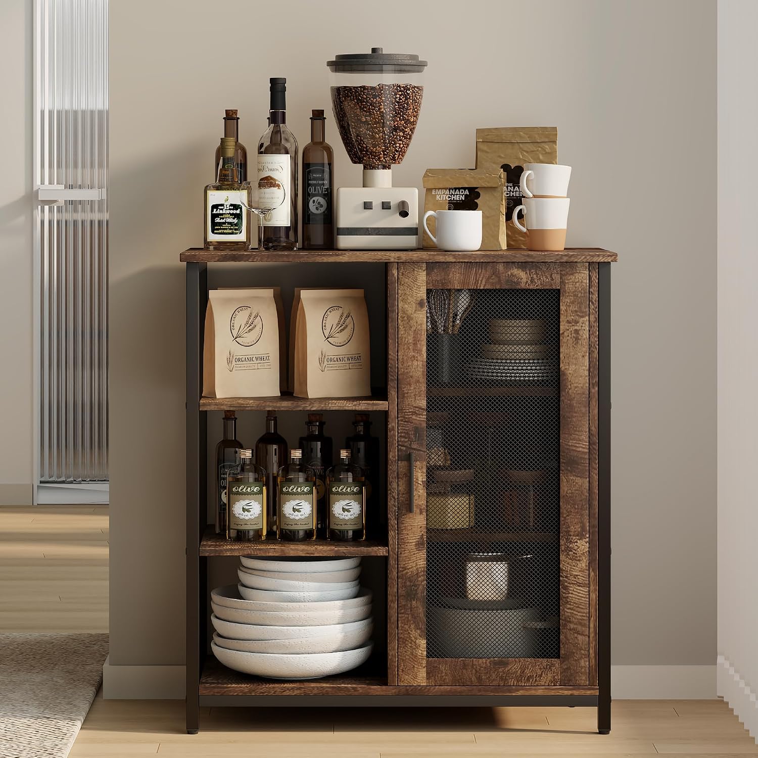 LVSOMT Mini Coffee Bar Cabinet for Home Kitchen, 27.5'' Coffee Stand Station with Adjustable Shelves & Door, Farmhouse Sideboard Buffet for Small Space, Dining Room, Living Room, Industrial Brown