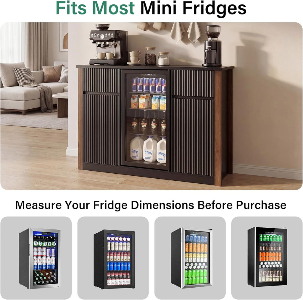55.1" Coffee Bar Cabinet with Mini Fridge Space and Power Outlet, Modern Wine Bar Cabinet with Storage & Wine Rack, Large Buffet Sideboard Table for Kitchen, Dining Room, Living Room, Black