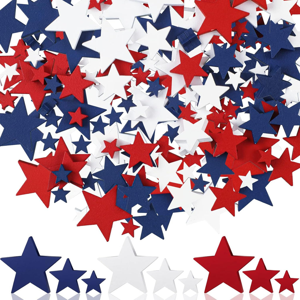 Bucherry 120 Pcs 4th of July Patriotic Wood Stars Red White Blue Crafts 250th Anniversary Independence Memorial Veterans Day DIY Craft Vase Bowl Filler Table Tiered Tray Decoration (0.4,0.8,1.2 Inch)