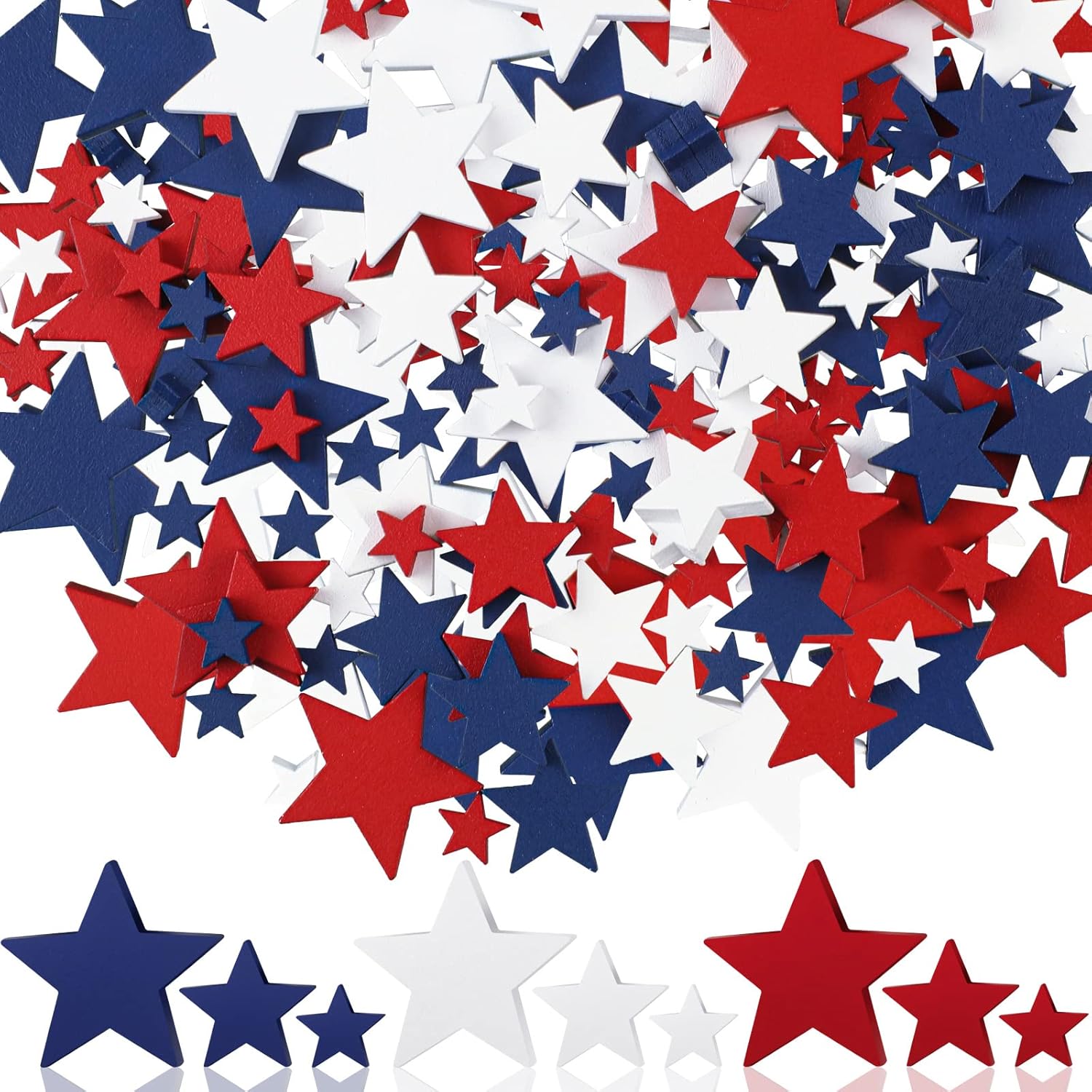 Bucherry 120 Pcs 4th of July Patriotic Wood Stars Red White Blue Crafts 250th Anniversary Independence Memorial Veterans Day DIY Craft Vase Bowl Filler Table Tiered Tray Decoration (0.4,0.8,1.2 Inch)