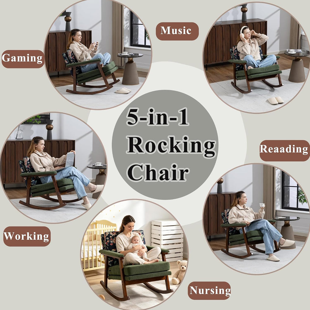 Rocking Chair Nursery with Sponge Cushion, Comfortable Accent Chair with Lumbar Support, Glider Armchair with Removable Seat & Back Pad for Living Room Bedroom Office Sunroom Indoor, Antique Green