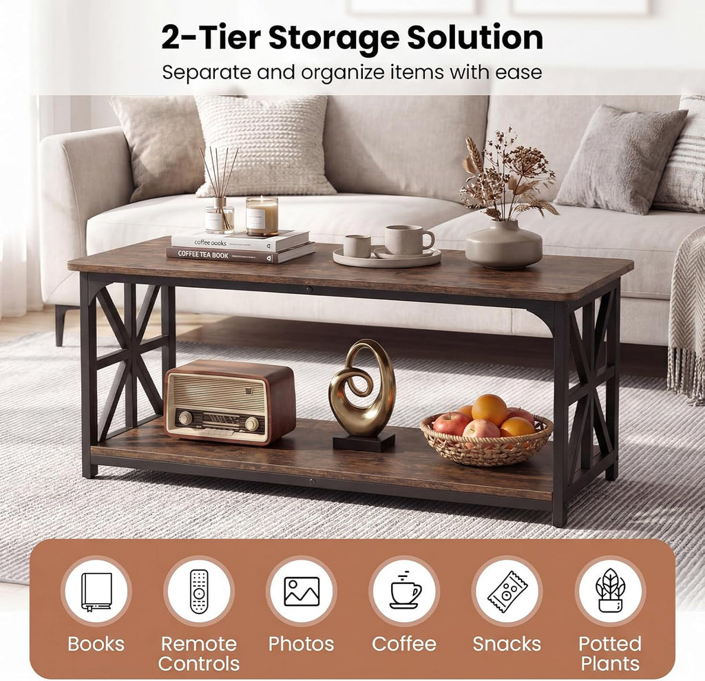 Giantex Farmhouse Coffee Table, 43" Center Table with Storage & X-Shaped Frames, 2-Tier Modern Accent Cocktail Tea Table, Rectangular Wooden Living Room Tables for Small Spaces, Rustic Brown