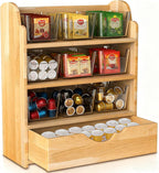 Tlence 4 Tier Wood Tea Bag Organizer, 15"x12.3"x4.5" Vertical Tea Storage Holder, Teabag Station Stand with 9 Plastic Box, Tea Packet Rack with Slide Drawer, Teabag Cabinet Shelf for Sugar and Creamer
