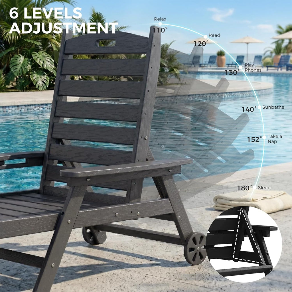 WACASA HDPE Pool Lounge Chairs Set of 2 with Wheels & Cup Holder, 6-Position Adjustable Outdoor Lounge Chair, Easy 20-Min Assembly, 450LBS Bearing, Patio Lounger for Poolside, Deck, Backyard (Grey)