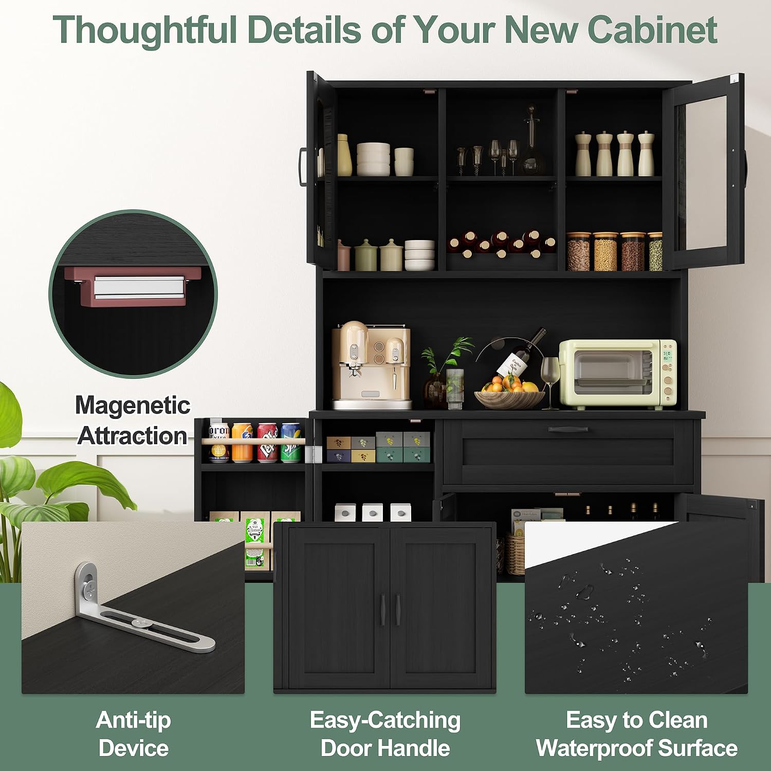 Shintenchi 68" Kitchen Pantry Storage Cabinet, with Microwave Stand, Black | Freestanding Buffet Cabinet, with 3 Door Shelves, Kitchen Hutch with Doors, Adjustable Shelves and Wine Rack