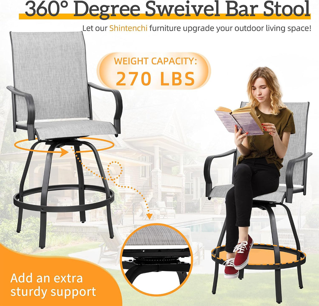 Shintenchi 4 Piece Patio Swivel Bar Chairs, All Weather Textile Outdoor Metal Bar Stools Patio Chairs Set of 4 with High Back, High Top Bistro Set Furniture for Balcony,Backyard,Garden,Deck,Light Grey