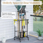 Garden Tool Organizer with Wheels, Heavy Duty Metal Garage Tool Storage Rack, Yard Tool Holder for Long-Handled Tools, Rakes and Brooms, Indoor and Outdoor Use for Shed, Patio