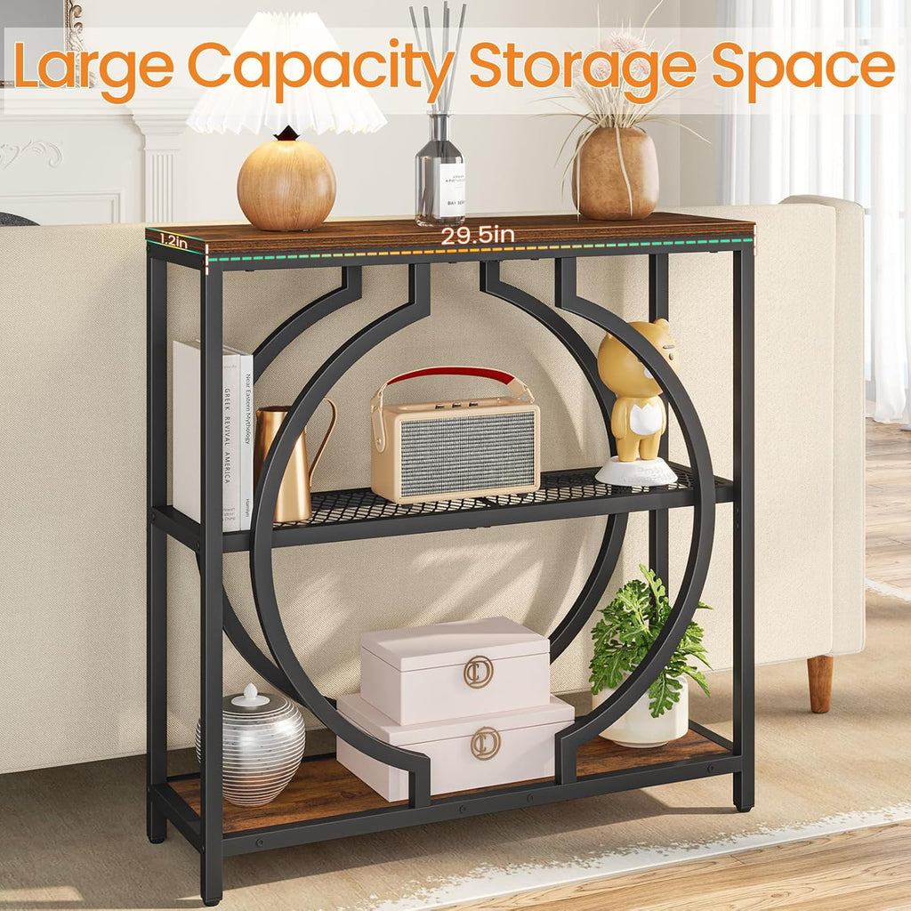 Snughome Entryway Table with 3 Tier Storage Shelves, Narrow Console Table Industrial Sofa Table with Circle Base, Behind The Couch Entrance Table for Hallway, Living Room, Foyer