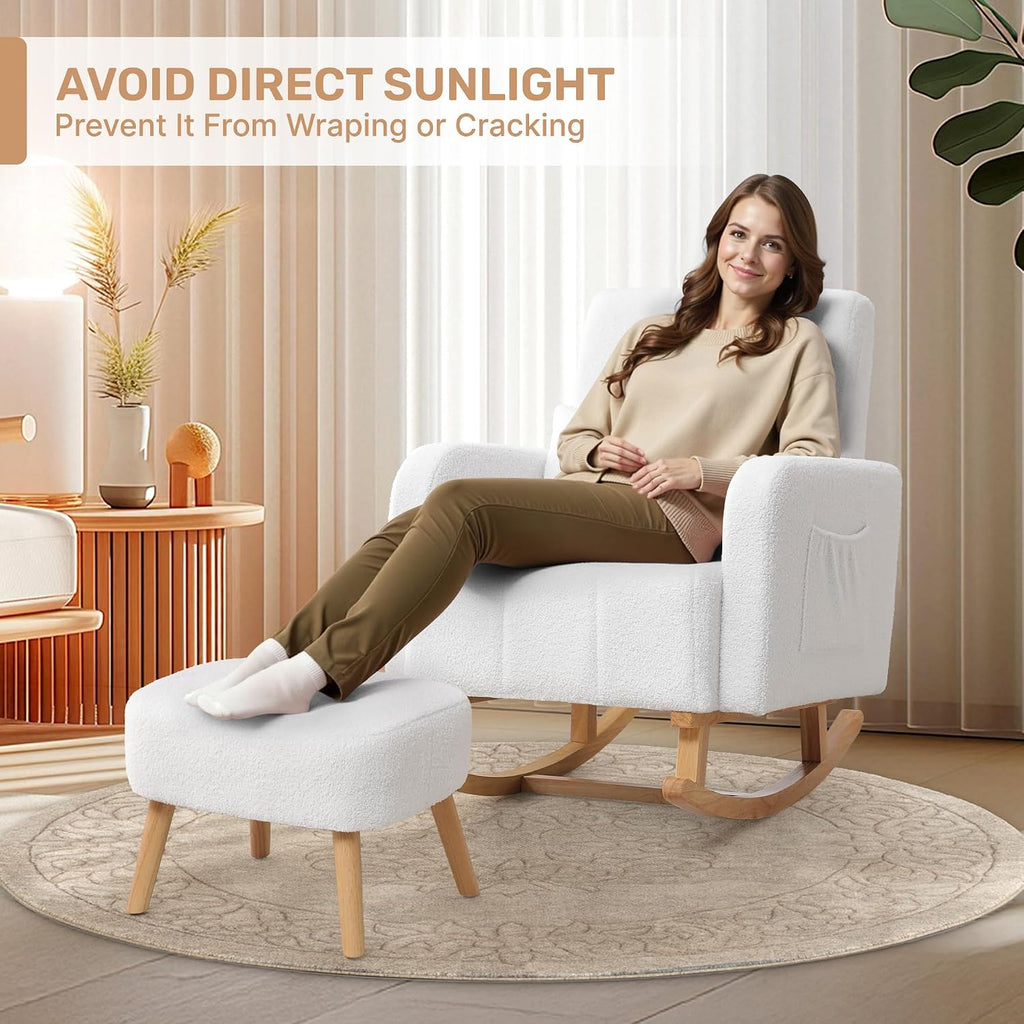 HCHAIRH Rocking Chair with Ottoman, Upholstered Glider Rocker with High Backrest and Side Pocket, Comfy Reading Chair with Solid Wood Legs for Nursery, Living Room,Bedroom White