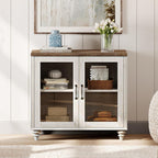 WAMPAT Farmhouse End Table with Ample Storage, Large Mid Century Modern Wood Bedside Table Night Stand, Wide Sofa Side End Table with Glass Doors, Cabinet for Living Room, Bedroom, Rustic White