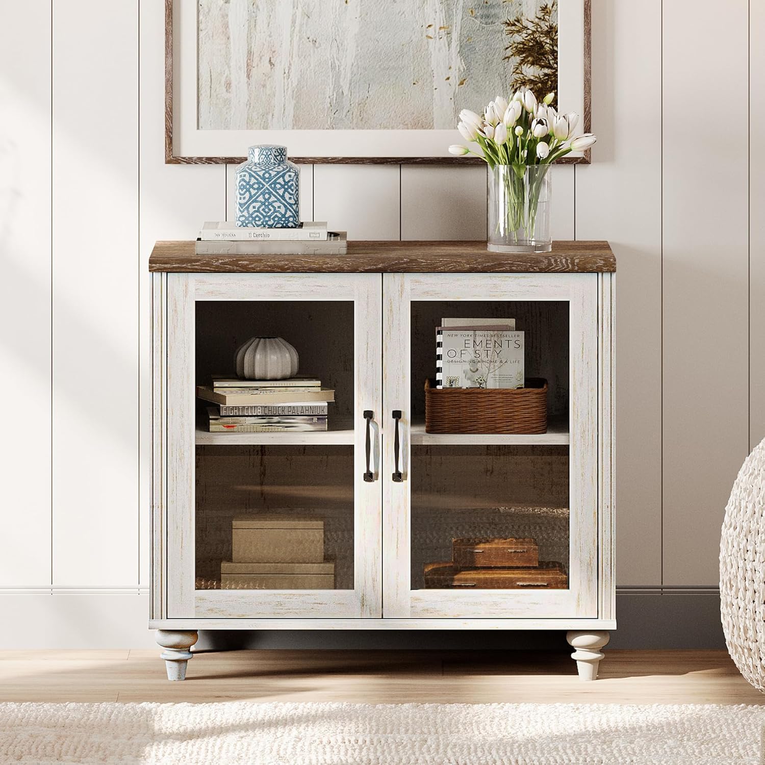 WAMPAT Farmhouse End Table with Ample Storage, Large Mid Century Modern Wood Bedside Table Night Stand, Wide Sofa Side End Table with Glass Doors, Cabinet for Living Room, Bedroom, Rustic White