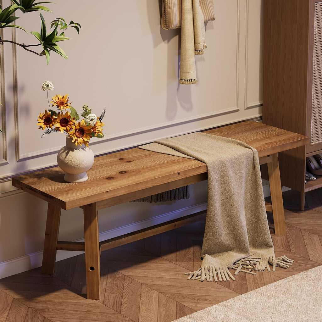 55" Solid Wood Bench, Farmhouse Long Bench Seat for Entryway, Dining Room, Living Room, Solid Wood, Rustic Brown
