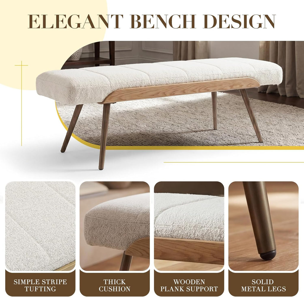 EALSON Modern Ottoman Bench, Upholstered Boucle Fabric Entryway Bench with Metal Legs, 49.5” Cozy Dining Bench for Bedroom Living Room, Beige