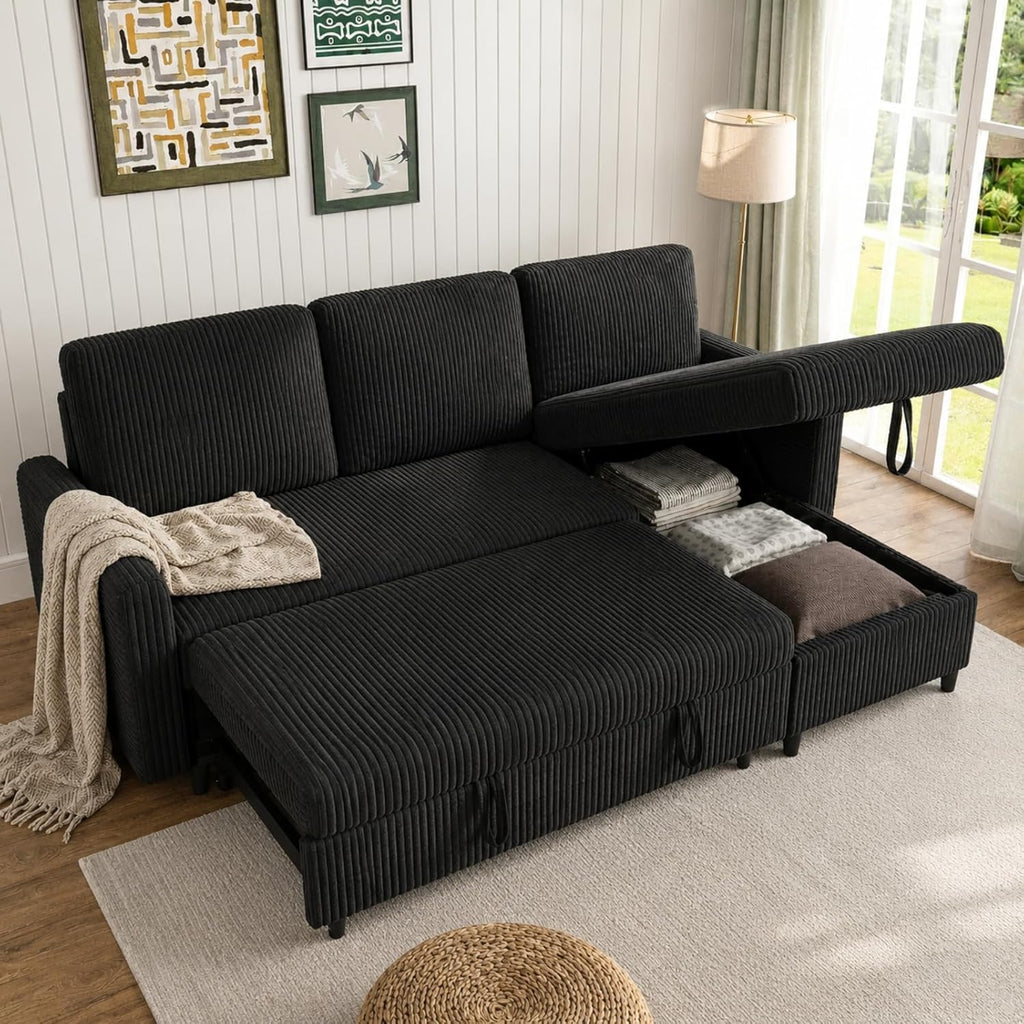 Walsunny 77" Sectional Sleeper Sofa with Pull Out Bed, Modern L-Shaped Corduroy Convertible Couch with Storage Chaise, Reversible Sofa Bed for Small Spaces, Apartment, Office, Black